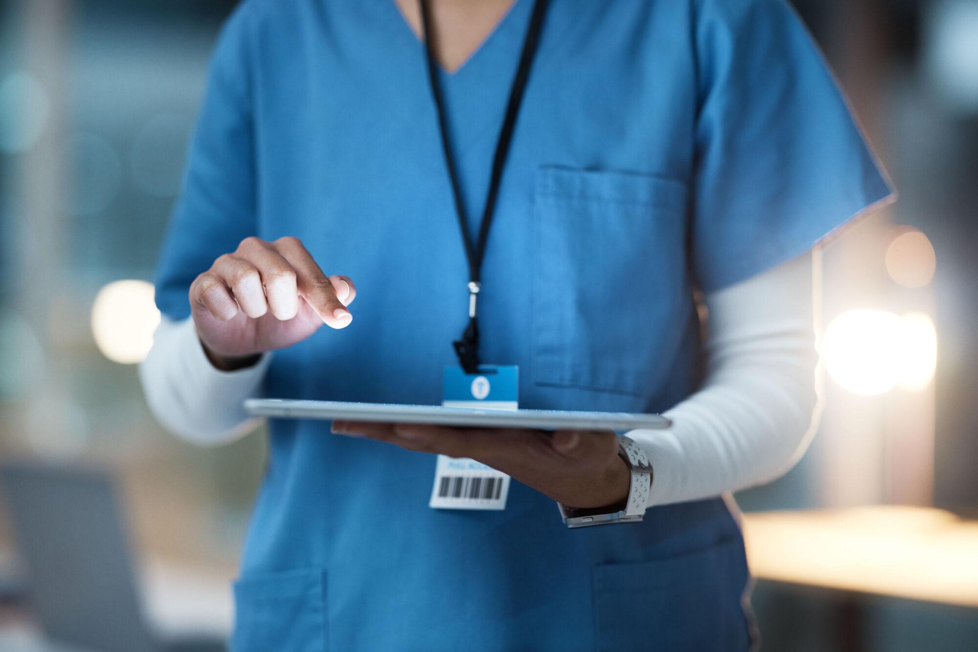 Technology, healthcare and hands of doctor with tablet for medical research, planning and report in.